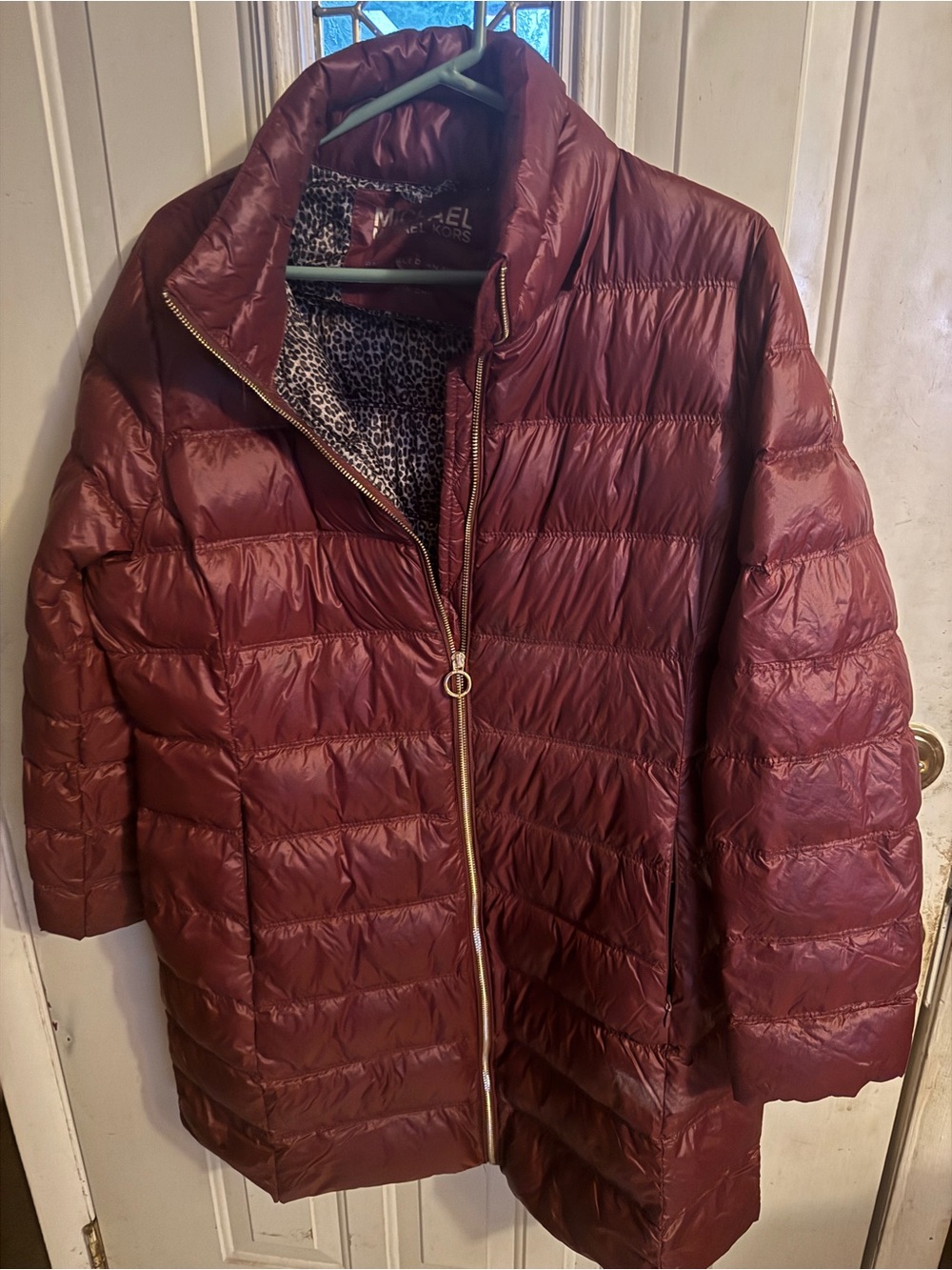 Michael Kors Wine Quilted Packable Puffer Jacket with Gold Zip